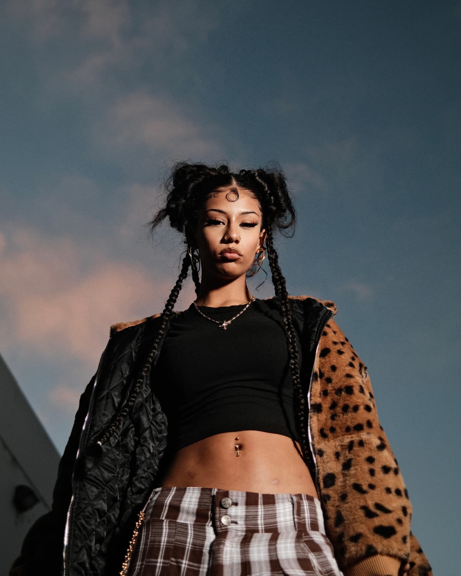 Low-angle portrait in a leopard-lined jacket against open sky